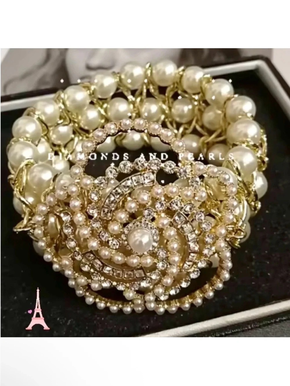 Gold Pearl & Crystal Floral Statement Bracelet